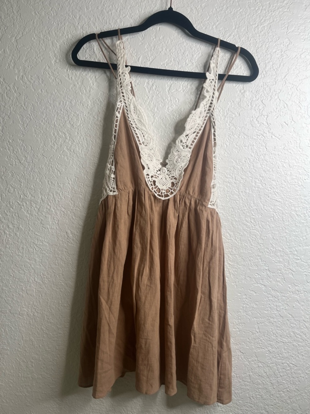 Sabo Skirt Tan Mini Dress with White Crochet Trim